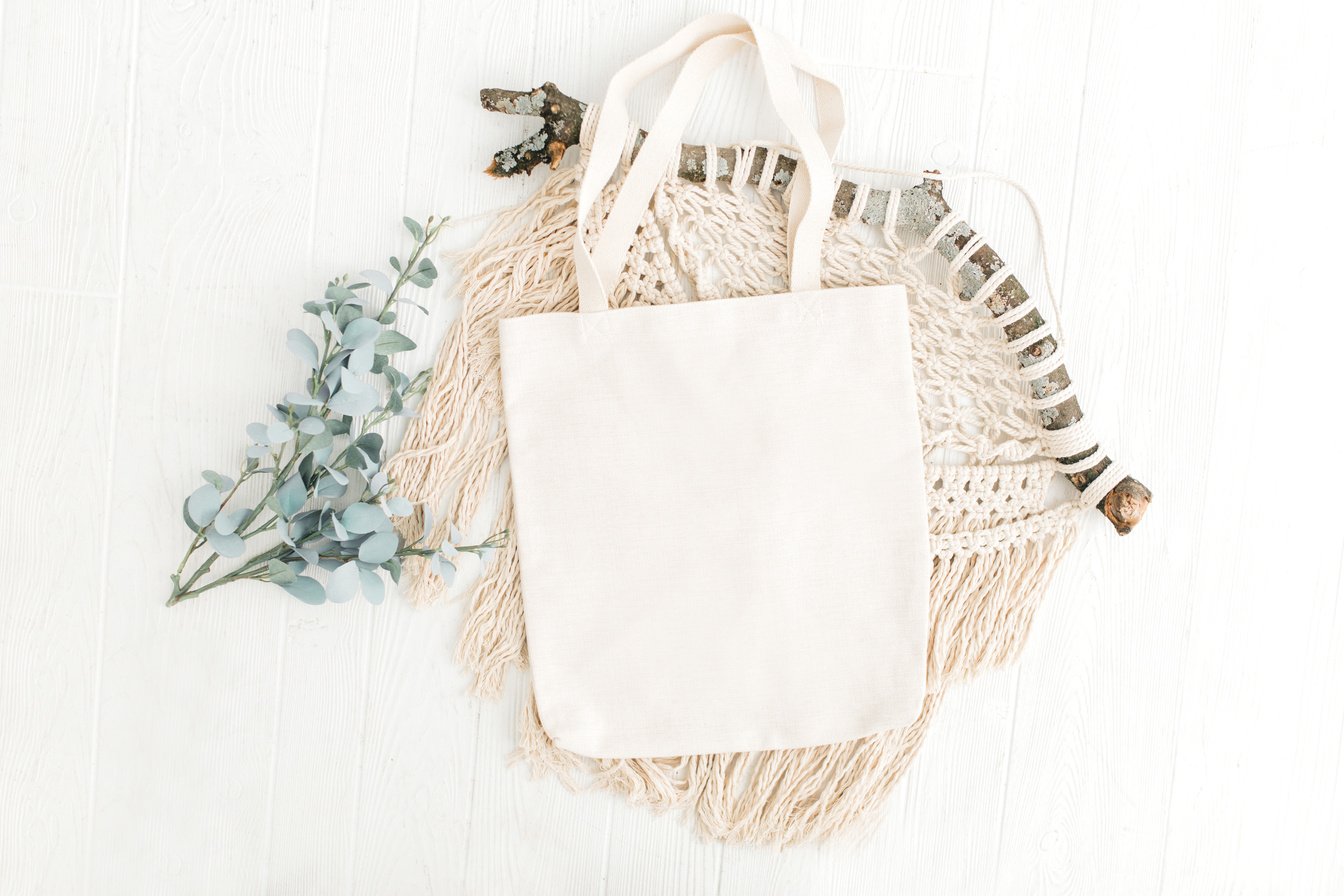 White Tote Bag with Green Leaves and Woven Tapestry 